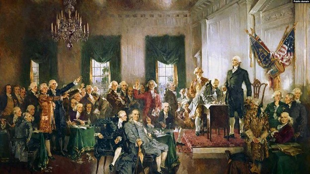 Para perumus Konstitusi Amerika Serikat, yang digambarkan di atas pada tahun 1787, diduga dipengaruhi oleh buku populer Adam Smith tahun 1776, The Wealth of Nations, melalui Voice of America (VOA)