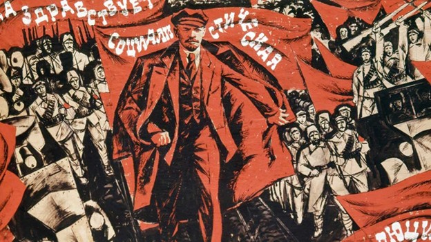 Grafik bergaya pemimpin Bolshevik Vladimir Lenin (tengah) selama awal Revolusi Bolshevik di Rusia pada bulan Oktober 1917, melalui Wellesley College